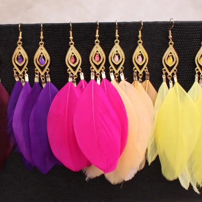 Nationality Colorful Feather Earrings for Women Beach Bohemian Long Hook Jewelry Earring