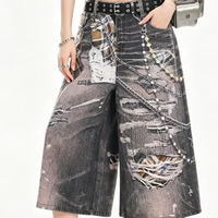 Culottes Y2K Cyberpunk décontractées à jambe large, imprimé denim trompe-loup, patchwork numérique haute densité, motif écossais, chaîne, effet usé, taille haute