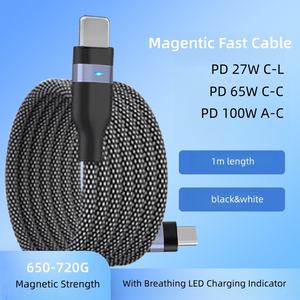 Cable <span class=keywords><strong>USB</strong></span> 3.0 Tipo-C a Tipo-C de Carga Rápida PD120W 65W 27W, con Núcleo de Cobre Puro, Trenzado Magnético y LED para iPhone 17/16/15 y Samsung - Product Image 1