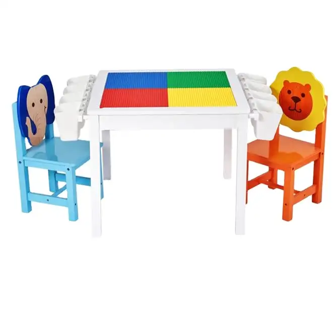 De madera maciza lego de niños lego de mesa de estudio con sillas caja de almacenamiento de muebles