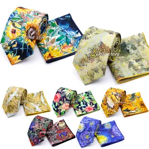 Vintage Garden Oil Painting Cotton 8cm Tie Sets Hankie Sunflower New Classy Men Wedding Party Cravat Gift Accessory Top Quality