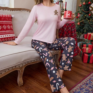 Conjunto de pijama feminino de Natal, roupa de dormir, presente de feriado, combinação familiar |   Pijama de Manga Longa, Roupa de Lazer com Cintura Elástica para Inverno e Primavera - Product Image 1