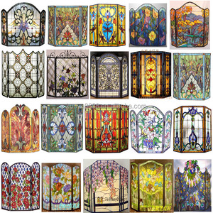 Écran de cheminée en vitrail, 3 panneaux, design baroque, décoration traditionnelle, couleur verte, forme rectangulaire, décoration - Product Image 4