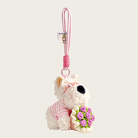 Porte-clés en peluche chien blanc mignon Kawaii avec lunettes roses, chemise rayée et bouquet de fleurs pour sac à dos