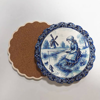 Sous-plat en céramique bleu Delft, motif campagne hollandaise, moulin à vent en relief 3D, style ferme, résistant à la chaleur, avec support en liège