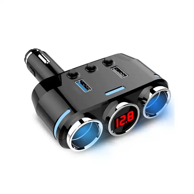 Hot Selling Multifunction 3 in 1 Quick 2 Port Charger Three Port USB Car Cigarette Socket Lighter LED Display Phone Charger