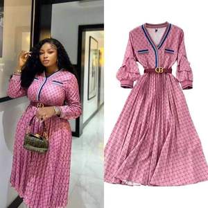 La più nuova signora autunnale elegante moda lunga Casual cintura tinta unita pieghettata Plus Size vestito da donna aderente - Product Image 1