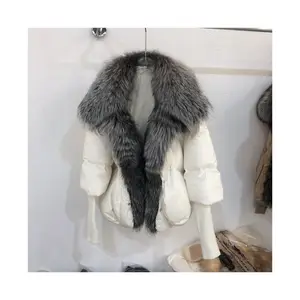 Роскошный дизайн оптом вязаное пальто с меховым воротником осень зима мода высокое качество пушистый пуховик с лисьей меховой отделкой
