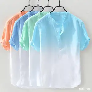 <span class=keywords><strong>Camicia</strong></span> in Cotone e <span class=keywords><strong>Lino</strong></span> Fresca e Sottile Traspirante con Colletto alla Coreana Tinta Unita con Effetto Sfumato per <span class=keywords><strong>Uomo</strong></span> - Product Image 2