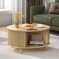 Table basse moderne ronde réglable en noyer brun avec rangement pratique et rotation à 360° °   Porte coulissante incurvée et plateau de table en bois