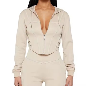 ชุดเซ็ตเสื้อฮู้ดดี้และกางเกงวอร์มคุณภาพสูงสำหรับผู้หญิง พร้อมโลโก้แบบ OEM สั่งทำได้ เสื้อฮู้ดดี้รัดรูปสีพื้น ผ้าฝ้าย 100% ชุดวอร์มสำหรับผู้หญิง - Product Image 2