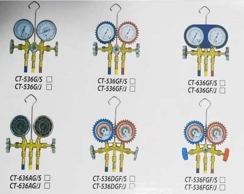 직업 R410 R134a 에어컨 자동차 냉장 디지털 불소 화 테이블 황동 매니 폴드 게이지