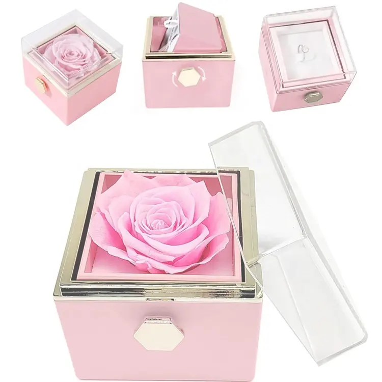 עיצוב חדש valentines ורד נצחי פרחים ורדים בקופסה אקרילית עם תיבת תכשיטים מסתובבת