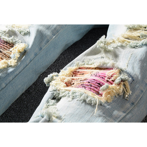 Streetwear slim ajusté bleu clair pour hommes, bandana rose, jean skinny stretch à trous, déchiré dans la rue - Product Image 6