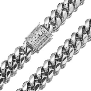 Stainless Steel Steel-Colored Cuban Chain with Micro-Paved <b>White</b> Zircon Buckle- Density Necklace (8-18mm Width) - Product Image 2