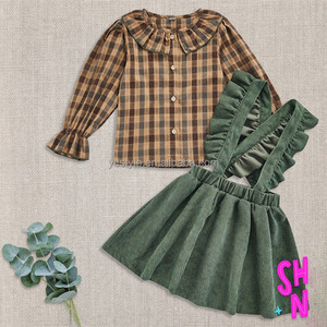 Utumn IDS irirl 2 Pieces UIT oddler ababy laid An ollar ONG leeve hirhirt OP + IGH iaist orduroy ususpender kirkirt - Product Image 1