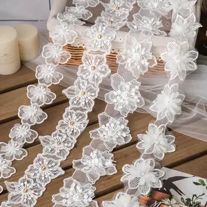 Özel beyaz inci çiçek süslemeli dantel şerit örgü dantel işlemeli Patchwork dikiş malzemeleri zanaat elbise