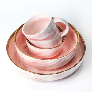 Veweet — <span class=keywords><strong>service</strong></span> de table en <span class=keywords><strong>porcelaine</strong></span> de marbre rose à bordure dorée, ensembles de vaisselle de luxe, en céramique, pour la maison, hôtel - Product Image 6
