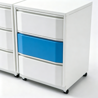 Armoire mobile de laboratoire en acier à trois tiroirs à bords inclinés, couleur bleu et blanc, avec roulettes pour un rangement moderne en laboratoire