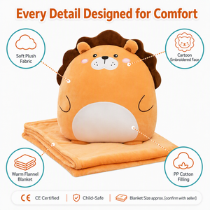 Couverture-coussin en peluche 2-en-1 en gros, motif dinosaure ou lion mignon, personnalisable avec logo, certifiée EN71 CE, OEM ODM - Product Image 1