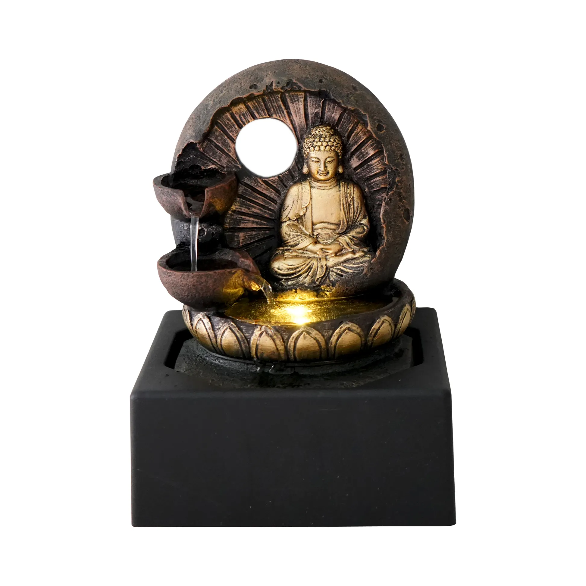 Antique Indoor Tabletop Waterfall Bowl Fountain Tiers Water Buddha Zen Fountain Feature With LED Light