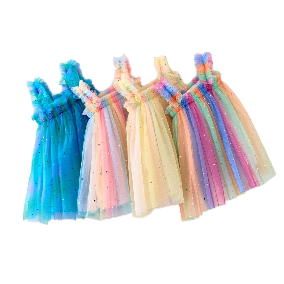 2025 New Girls' Princess Dress Glitter Star Rainbow Suspender Mesh O-Neck  Collar Lace Decoration Sweet Baby Dress for Summer| Alibaba.com