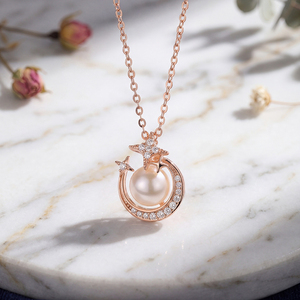 Collar con Colgante de Estrella y Luna Creciente en Oro Rosa y Cobre, con Circonitas y Perla de Agua Dulce, Joyería Celestial para Mujer - Product Image 5