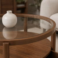 Table basse ronde Japandi avec surface en verre, tiroir de rangement en bois et 4 pieds