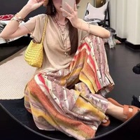 Pantalon large rayé coloré d'été 2026 pour femme, taille élastique, imprimé tribal orange ochre et violet, coupe décontractée, vente en gros