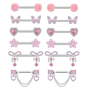 Nuevos Anillos de Acero Inoxidable Rosa para Pezones, Venta al por Mayor, Diseños Exquisitos de Corazón y Rosa, Piercings Corporales con Colgantes de Zirconia - Product Image 1