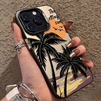 Coque de Téléphone Tendance 16 Pro Max à Motif Rocheux et Cocotier Thème Moto en Matériau TPU Durable