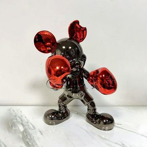 Scultura in Resina a Tema Amore con Topo Pugile, Modello Mickey, in Cromo Oro Nero Rosso, per Arredamento Casa - Product Image 1