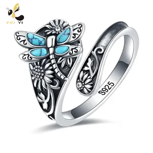 S925-Sterling-Silver Turquoise Dragonfly/Butterfly Spoon Ring - Vintage Boho Sunflower Thumb Rings Oxidized Wrap Ring