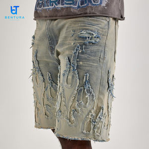 Shorts en <span class=keywords><strong>Jean</strong></span> Baggy pour Homme, Personnalisés par le Fabricant, avec Broderie, Imprimés, Patchwork, Denim Délavé, Effet Vieilli et Ourlet Brut - Product Image 1