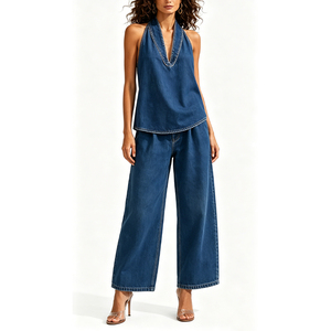 Ensemble <span class=keywords><strong>en</strong></span> <span class=keywords><strong>jean</strong></span> col halter pour <span class=keywords><strong>femme</strong></span>, haut <span class=keywords><strong>en</strong></span> V et pantalon large, style rétro, vente <span class=keywords><strong>en</strong></span> gros pour fabricants de vêtements - Product Image 3