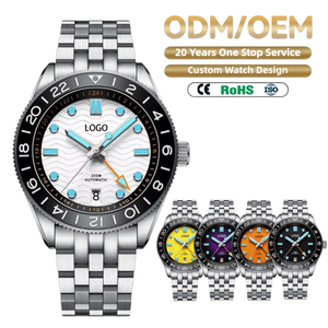 NH34 GMT Automatic <b>Watch</b> 39.5mm Wave Dial Ceramic Bezel 200M Steel Custom Logo OEM ODM Men <b>Mechanical</b> wristwatch manufacturers - Product Image 1