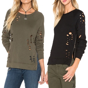 Black Olive Women Ripped Plain <b>T</b>-<b>shirts</b> Ladies Zipped Distressed Blank Tshirt Clothing Factories in China Wholesale Uk - Product Image 3