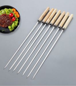304 Stainless Steel Barbecue Skewers with Wooden Handles Flat Design for Meat and Iron Skewering Fork <b>Tool</b> Type - Product Image 2
