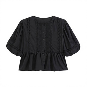 Blusa Vintage Negra Bordada para Mujer con Mangas Abullonadas, Cuello Redondo, Botones, Corte Holgado, Largo Regular, para Todas las Temporadas - Product Image 2