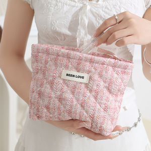 Been Love Cosmetic Bag Pink Tweed Texture Portable <b>Makeup</b> Storage Travel Toiletry <b>Case</b> - Product Image 1