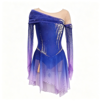 Robe de patinage artistique à manches longues et épaules dénudées, dégradé bleu-violet avec strass, en tissu mesh pour compétitions sur glace adultes et enfants
