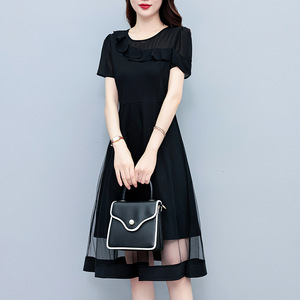 Robe mi-longue patchwork en gaze Vêtements féminins décontractés de couleur unie Col en O Robes coréennes d'été pour les trajets quotidiens - Product Image 4