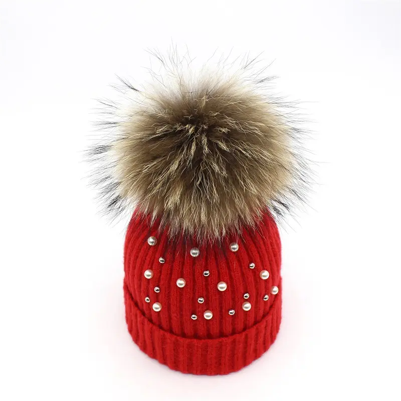 Pattern Beanie Hats Pom Pom Beanie Rhinestones Gems Studded Knit Faux Fur Hat Cap