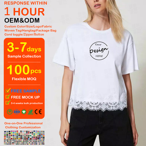 T-shirt court respirant en coton 100 % pour femme, coupe ample, col côtelé, couleur unie, broderie plate personnalisée de haute qualité - Product Image 1