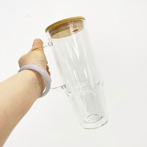 Sublimation Customizable Clear Travel <b>Mug</b> Cup Handle 32Oz 40Oz <b>Double</b> <b>Wall</b> Pre-Drilled Glass Tumbler With Lid and Straw - Product Image 3