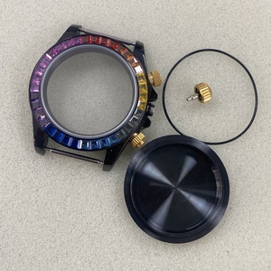 Boîtier en acier inoxydable PVD noir de 39 mm compatible avec le mouvement VK63 avec lunette en pierres arc-en-ciel - Product Image 1