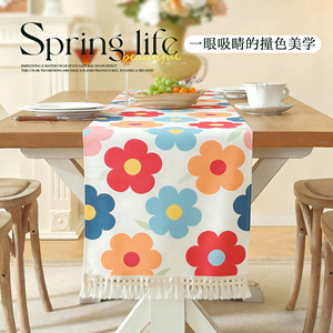 New fresh and pastoral style table runner with floral print and tassel trim, long strip fabric tablecloth in American country - Product Image 5