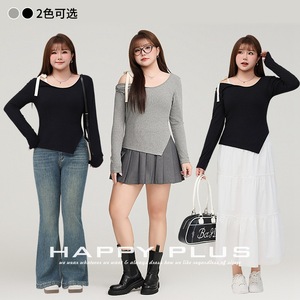เสื้อถักแบบเปิดไหล่รันฉี แขนยาว ชายเสื้อไม่สม่ำเสมอ เนื้อผ้านุ่ม สำหรับผู้หญิงไซส์พลัส สไตล์วิทยาลัย - Product Image 2
