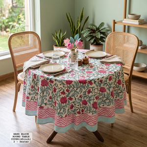 Hot Sale Hand Block Printed Round Cotton Linen <b>Table</b> <b>Cover</b> 45inch Floral Pink White Pastoral Style Washable Home Use - Product Image 3