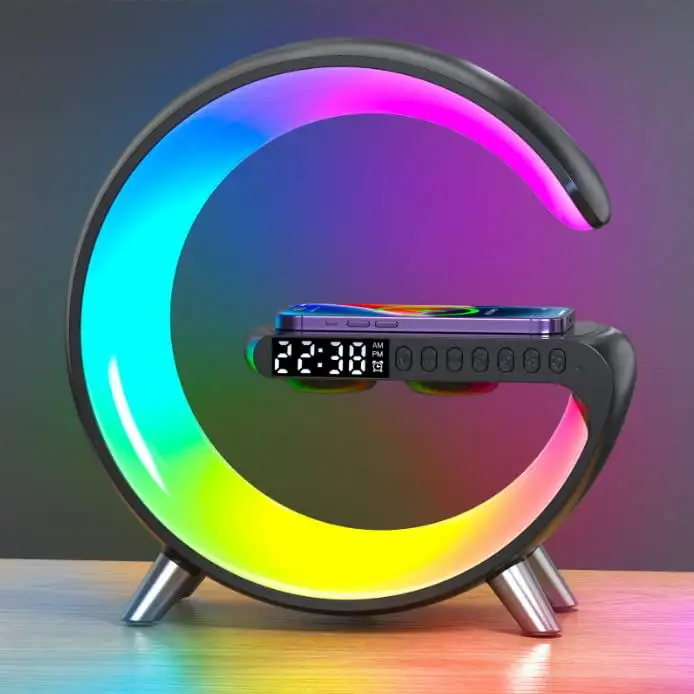 Wireless Charger Atmosphere Lamp Bluetooth Speaker Dimmable Night Light Touch Lamp Alarm Clock with Music Sync App Control